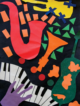 A collage of colourful musical instruments: saxophone, trumpet and keyboard.