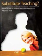 An image of the book cover for "Substitute Teaching?" The cover image is a teacher peeking through a silhouette.