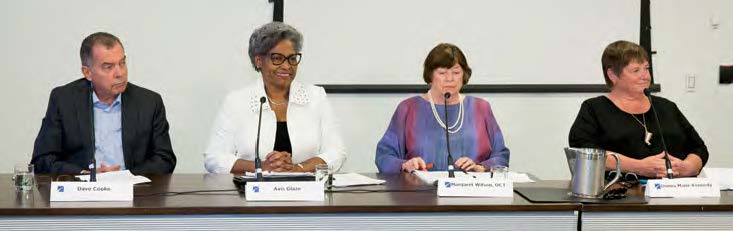 Photo of panelists from the College's annual meeting of members: Dave Cooke, former Minister of Education; Dr. Avis Glaze, former commissioner of the Royal Commission on Learning; Margaret Wilson, Ontario Certified Teacher, the College’s first Registrar; and Donna Marie Kennedy, the first Chair of Council.