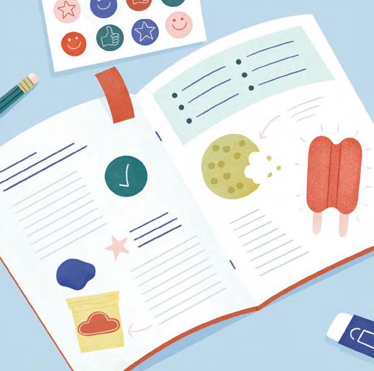 Graphic of a student's workbook open to pictures of food and a cloud.