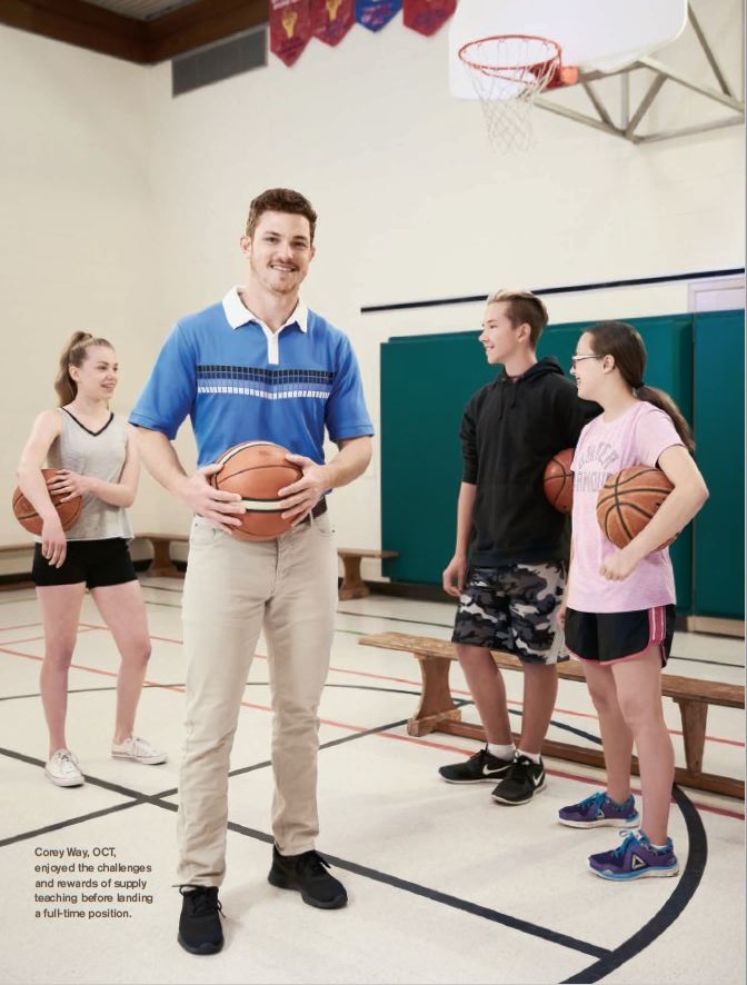 Photo of Corey Way, Ontario Certified Teacher, standing in a gymnasium and holding a basketball. Three students are standing behind Corey, each of them is holding a basketball.
