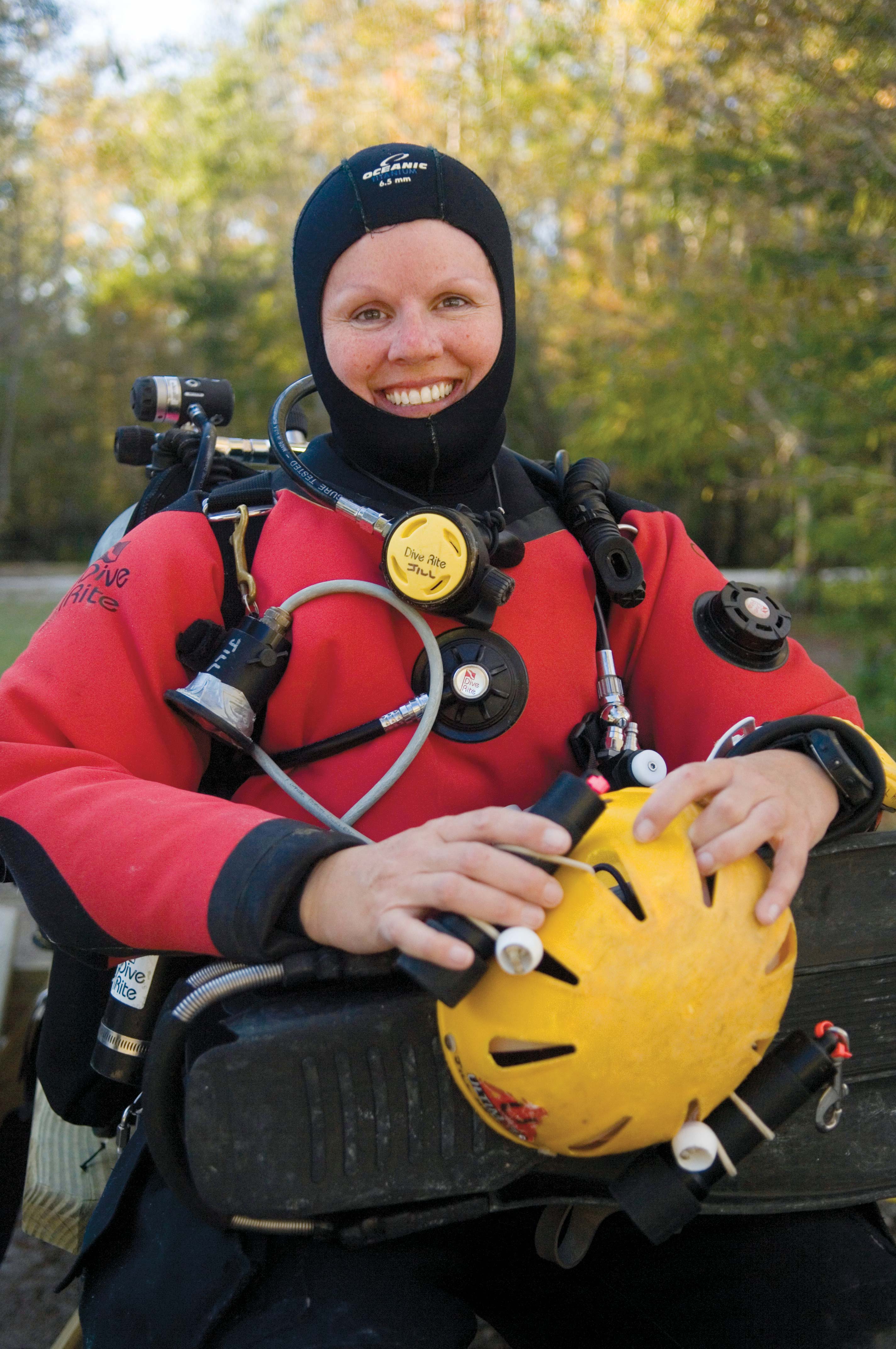 Photo of Jill Heinerth, cave diver, wearing a diving suit.