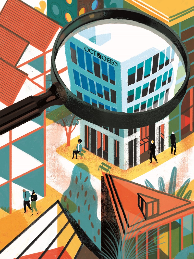 Illustration of a magnifying glass overlooking the College's building from high above.