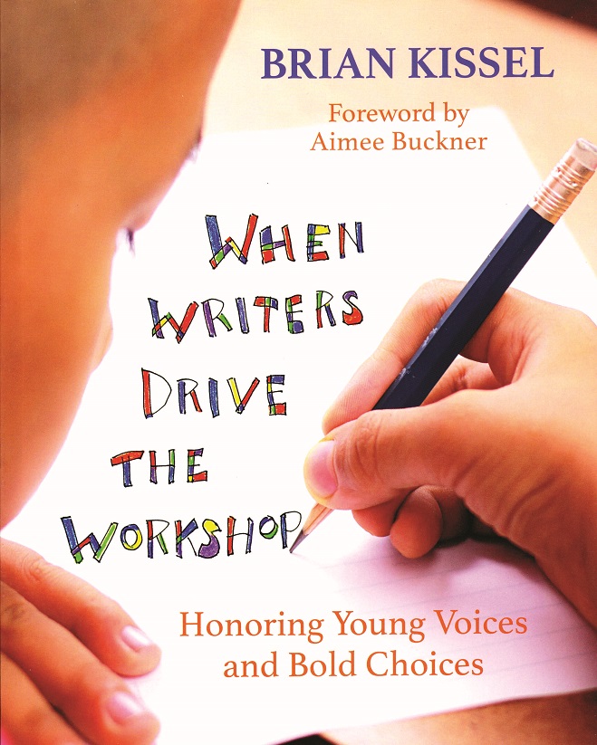 Image of a book cover of 'When Writers Drive the Workshop'. The cover is of a student writing on a piece of paper with a pencil.