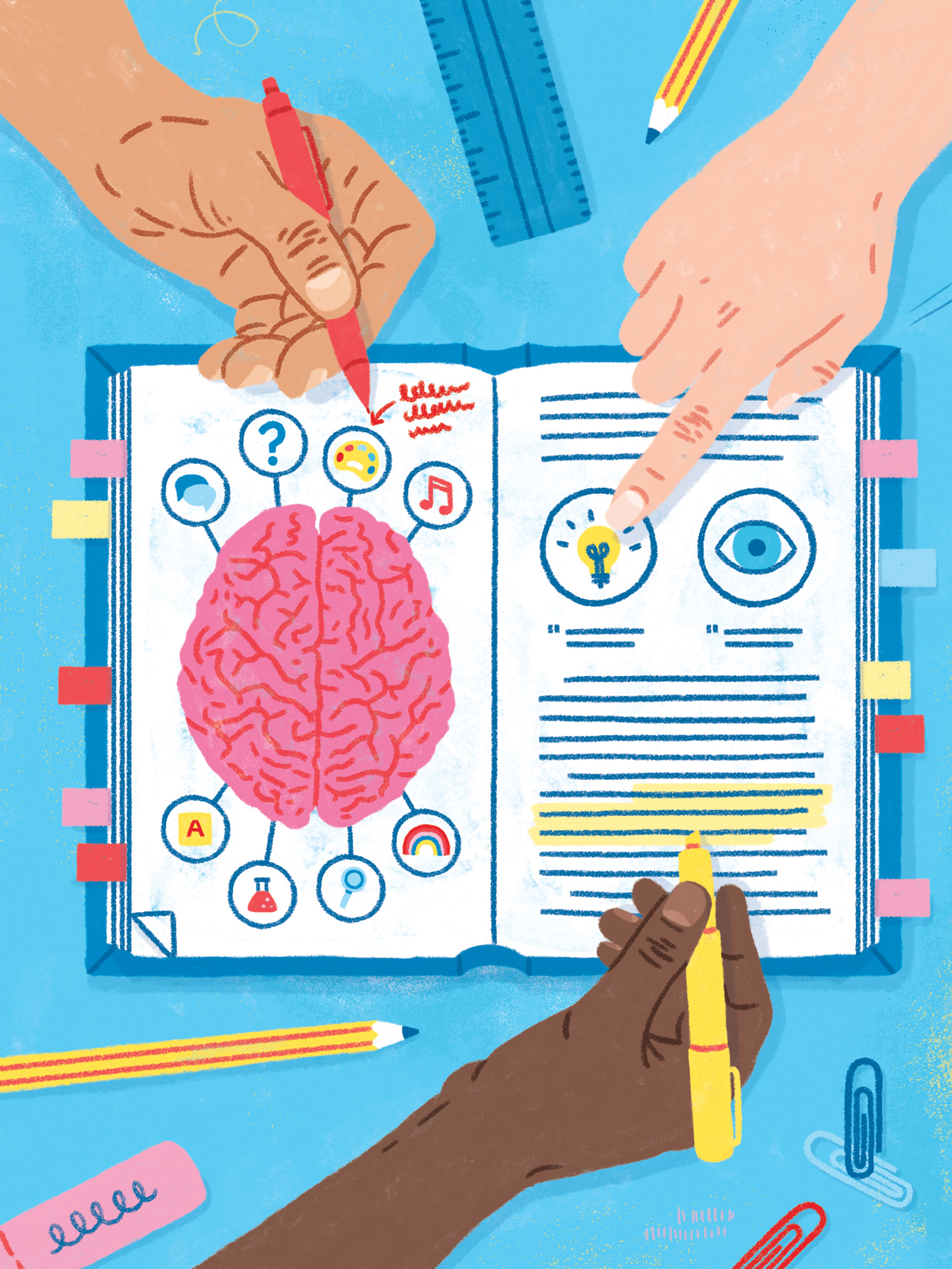 Illustration of an office desk with a calendar, a coffee mug and other common office supplies.