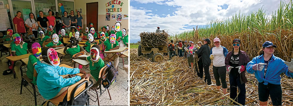 Photo of students from Hearst, Ontario at a local school and a group of volunteers in a sugar cane field in the Dominican Republic.
