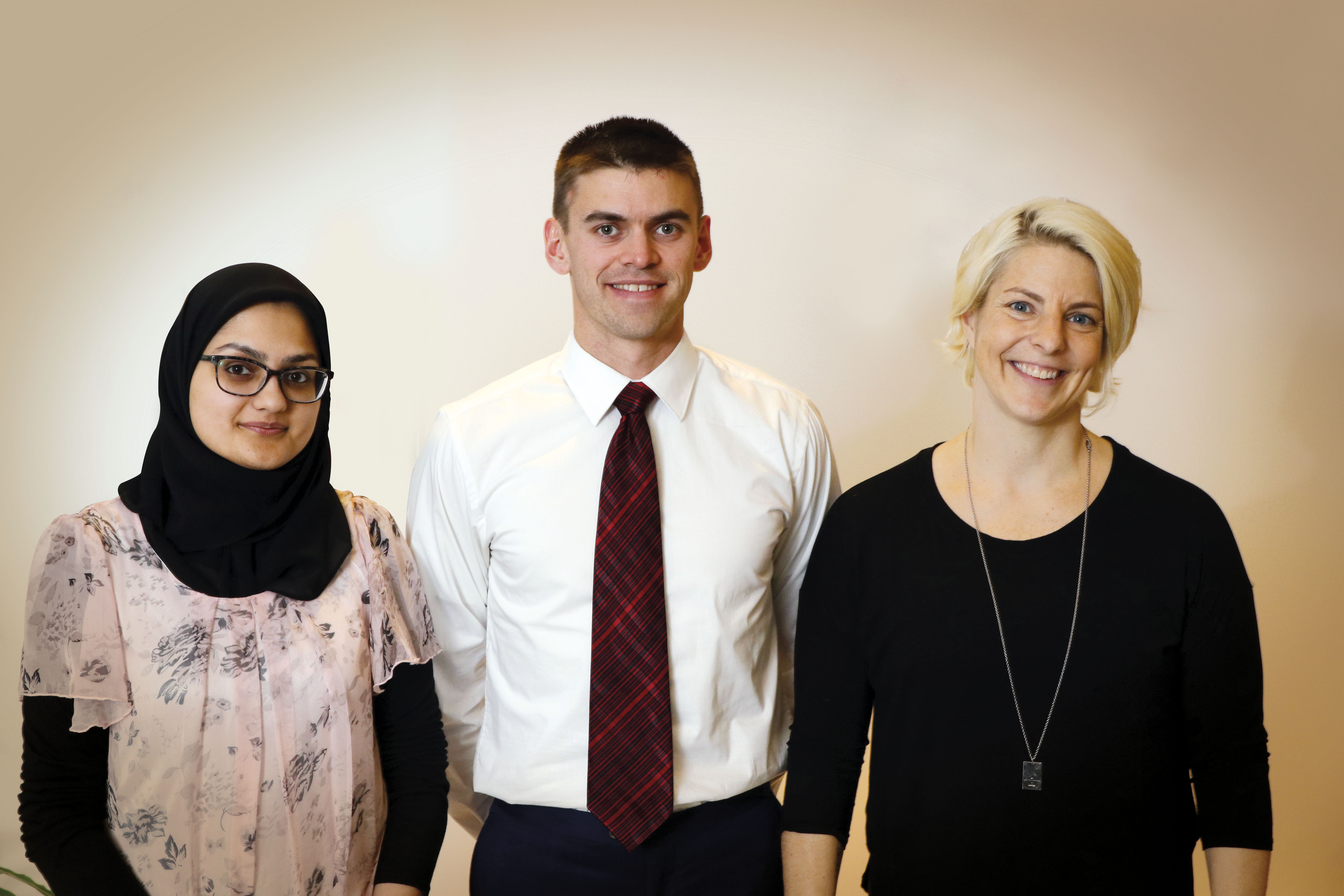 Photo of College scholarship recipients Fatima Ahmed, Jordan Cascagnette and Mia Kakebeeke.