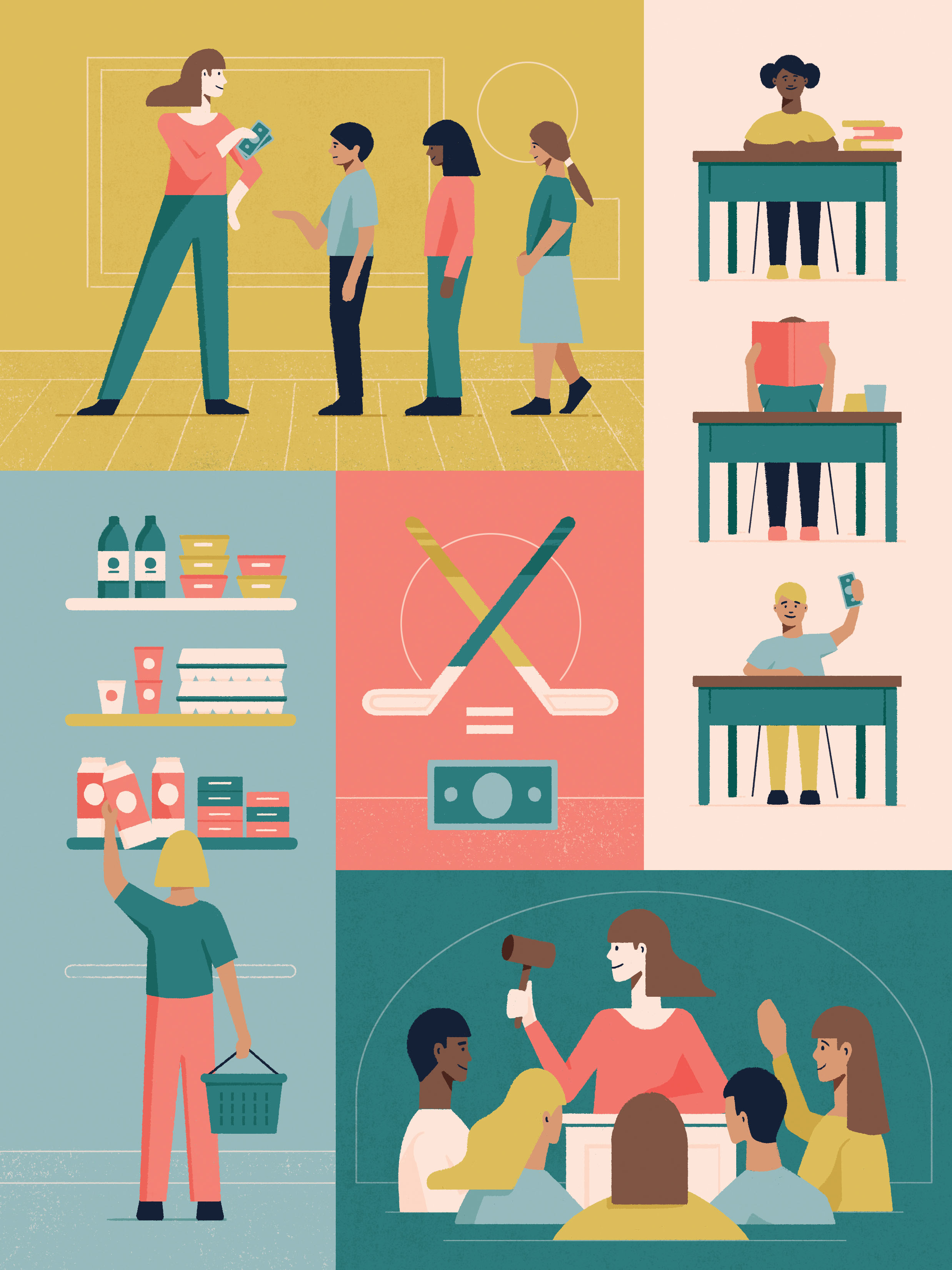 Illustration of people shopping and sitting at desks.