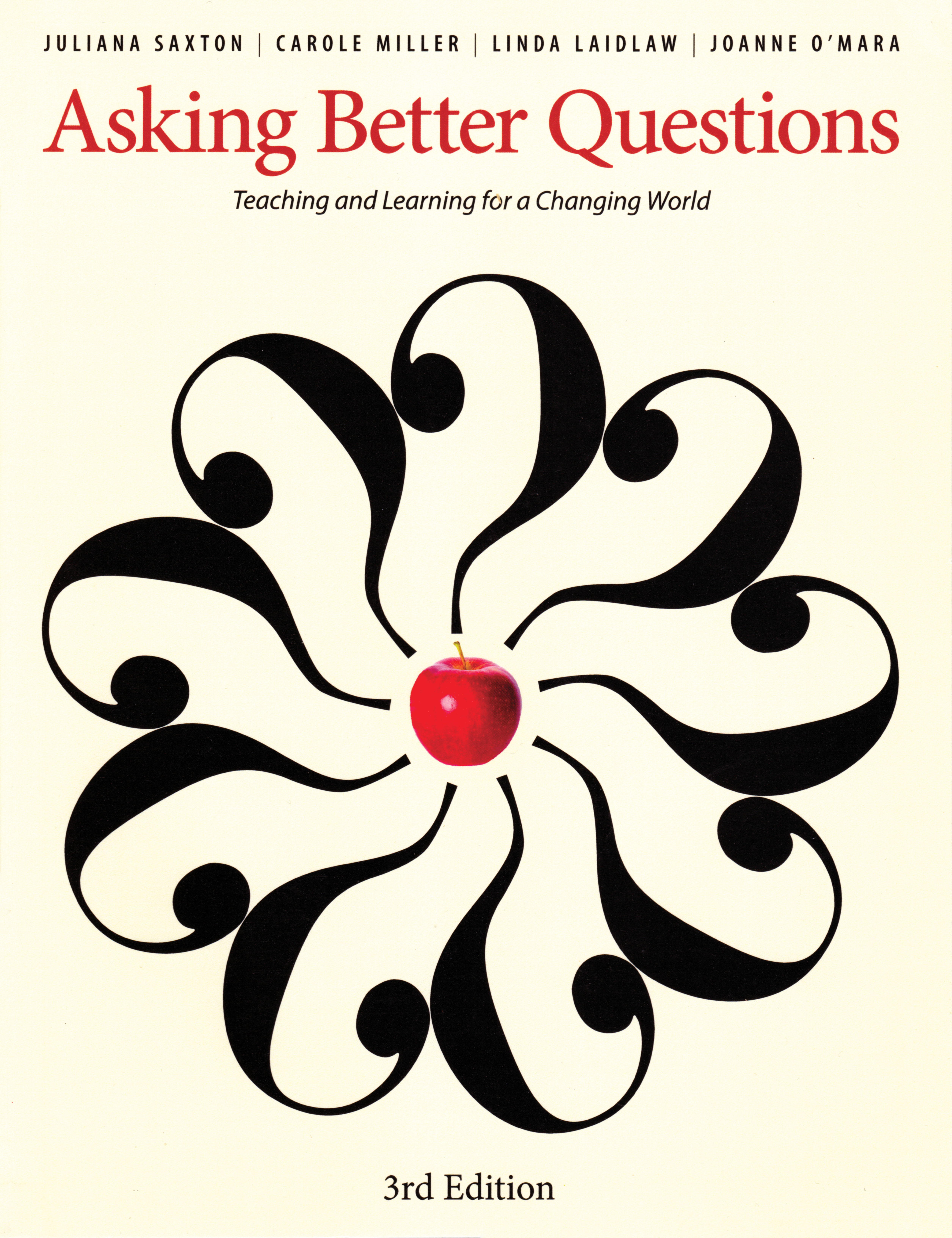 Photo of a book cover for 'Asking Better Questions.' The cover is a photo of an apple with question marks circling it.