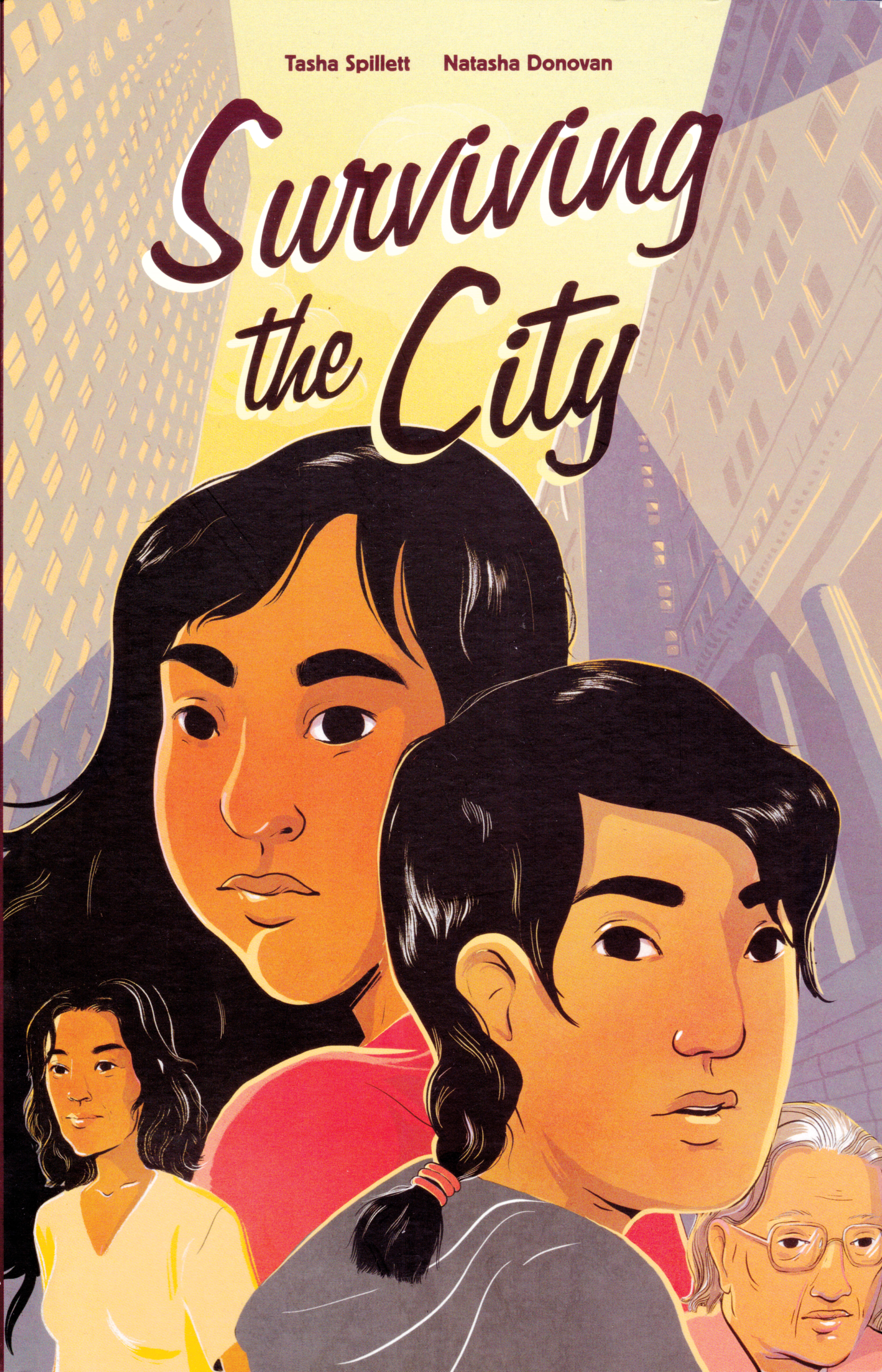 Photo of a book cover for Surviving the City. The cover is an illustration of four people.