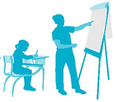 Illustration of a teacher pointing to an easel. Three students sit in classroom desks behind the teacher.