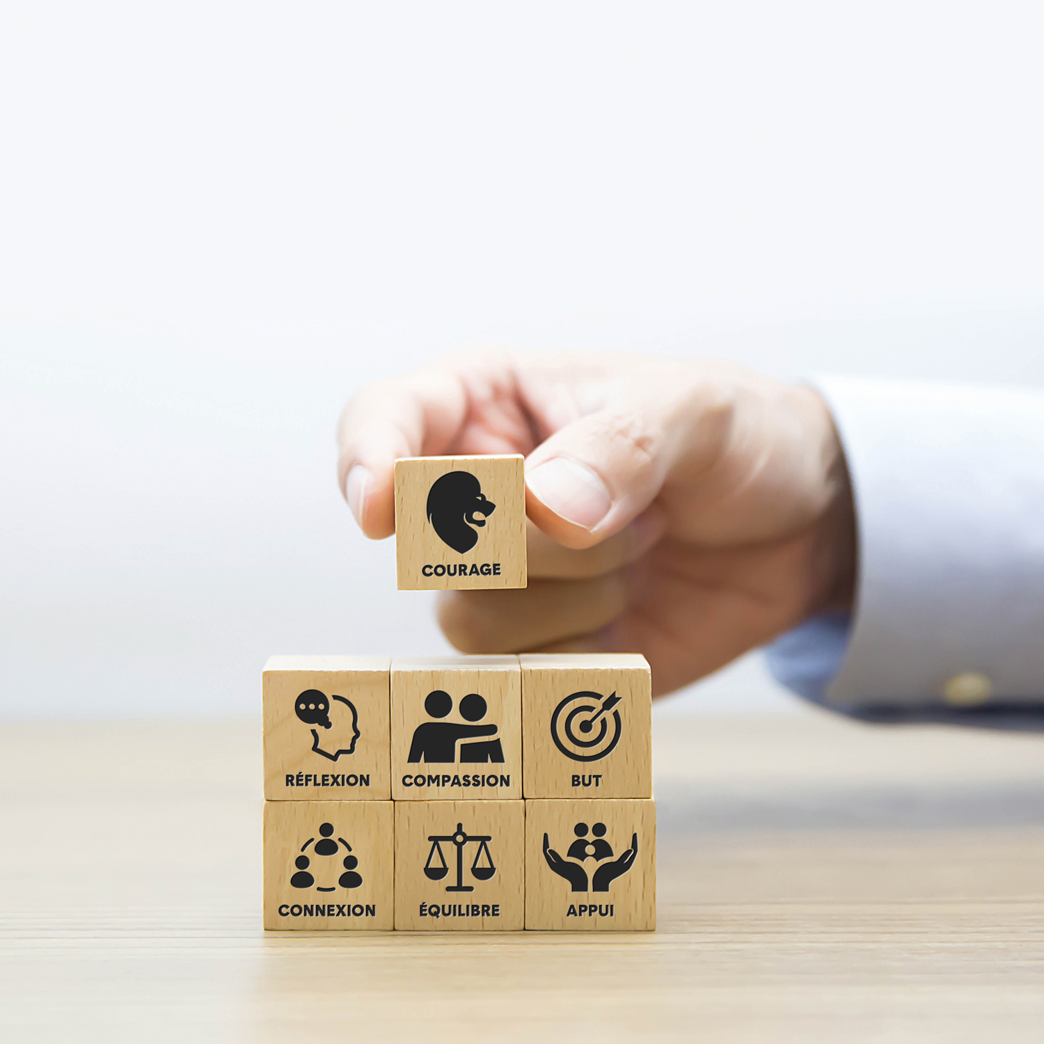 Photo of a hand placing a wooden block with an illustration of a lion head and the word 'COURAGE.' on it. There is a stack of blocks with different illustrations on the front and different words on them: 'reflection', 'compassion', 'purpose', 'connection', 'balance' and 'support'.
