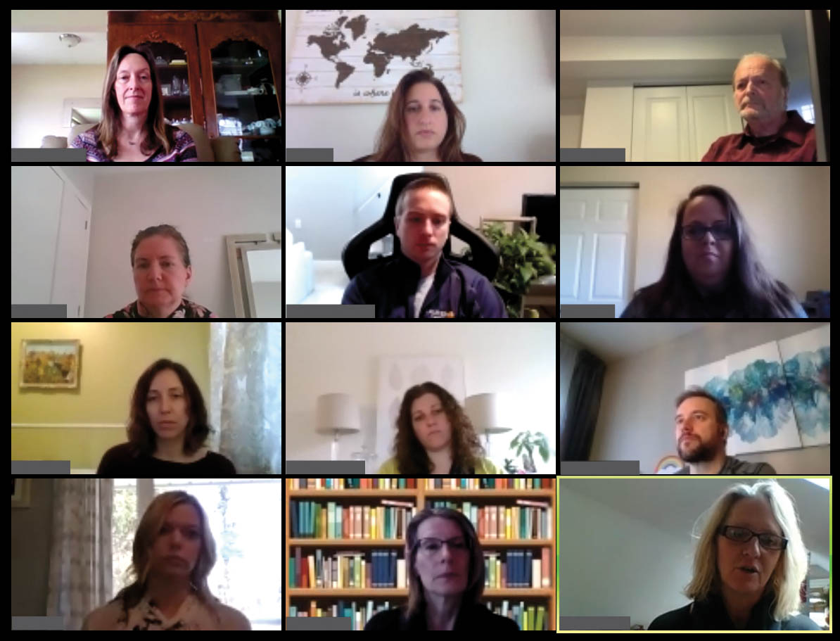 A small screen capture of remote meeting software, showing feeds from nine participants