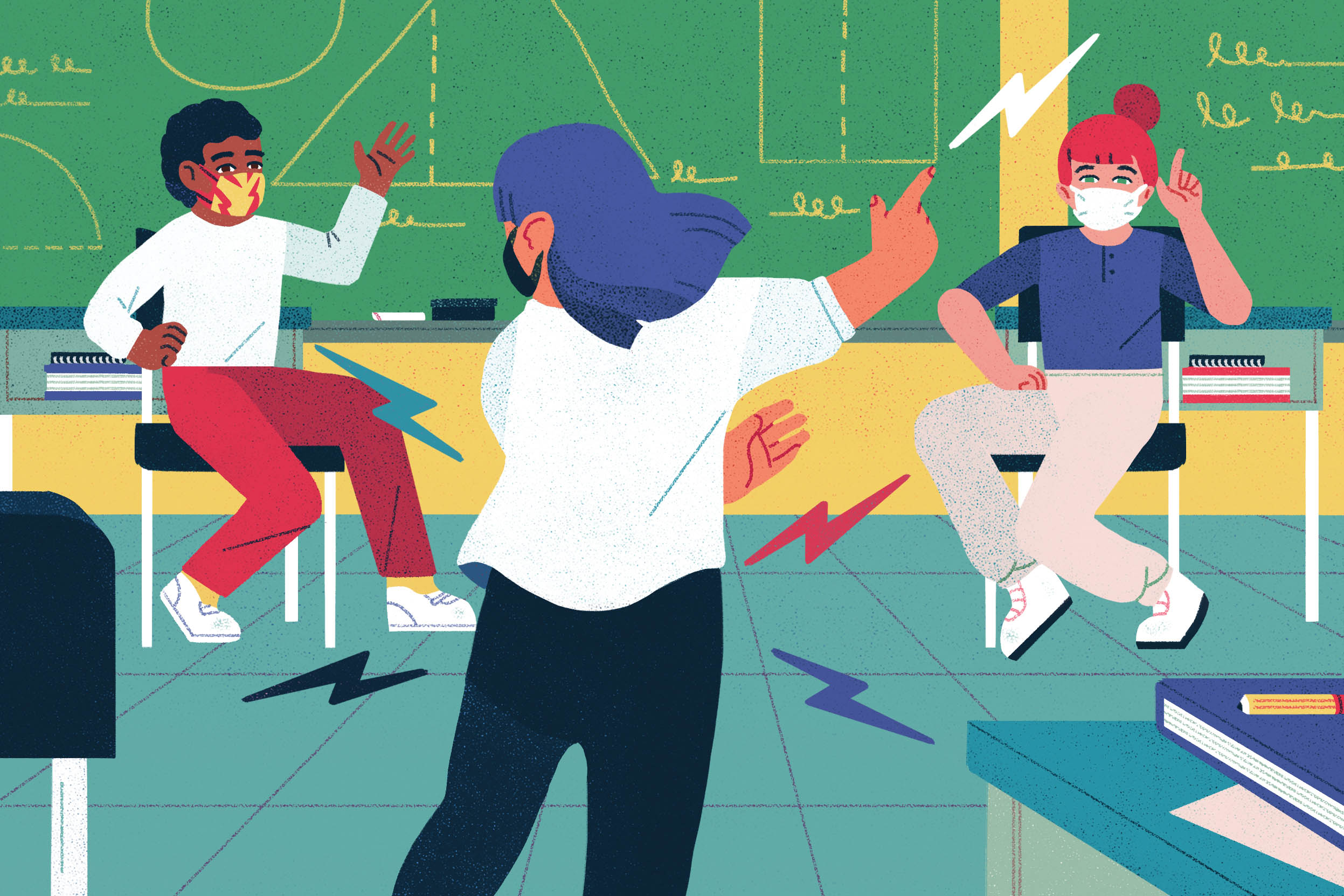 Teacher demonstrating healthy physical activity to students in a classroom