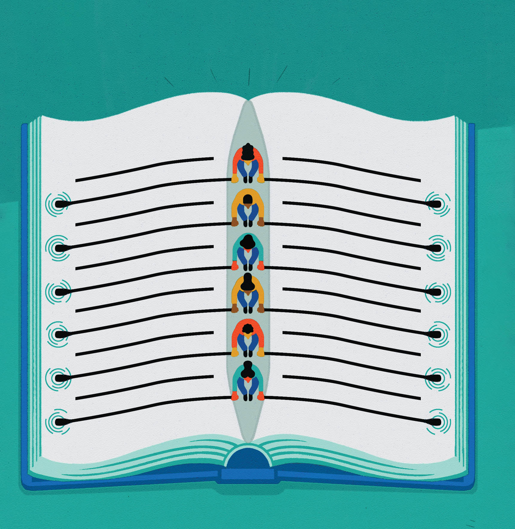 Illustration of rowers in a book.