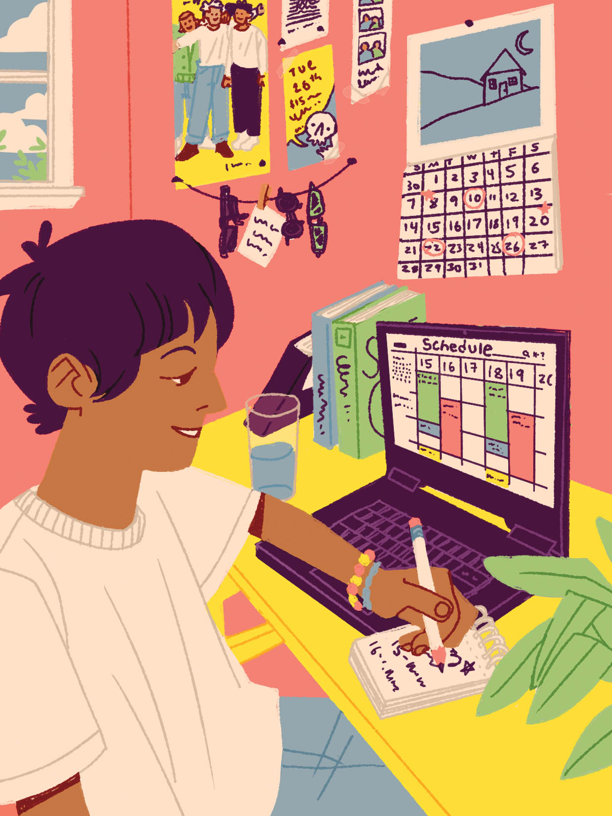 Illustration of student creating a detailed agenda in their bedroom.